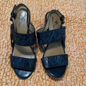 Patricia Nash Black Leather Embossed Strap Sandals - Women